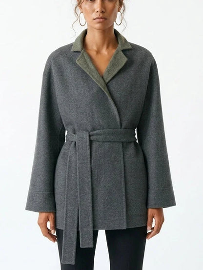 Reversible Wool Cashmere Belted Jacket - Small / Grey - Jackets