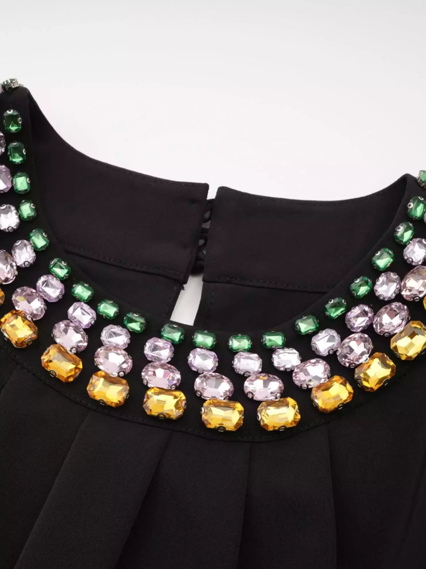 Rhinestone-Collar Gathered Sleeveless Black Mini Dress - Dresses