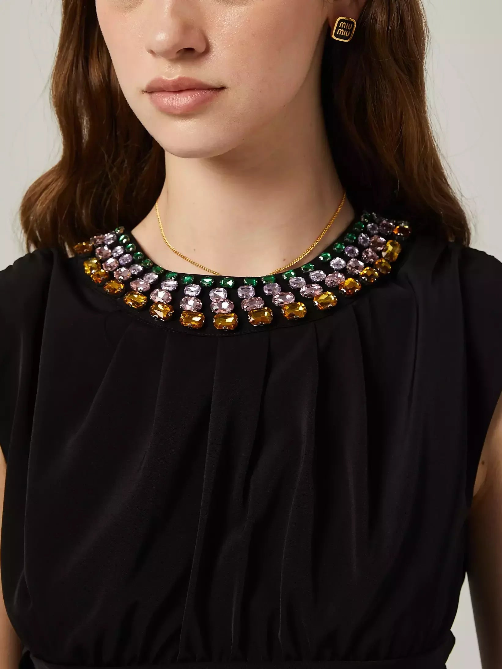 Rhinestone-Collar Gathered Sleeveless Black Mini Dress - Dresses
