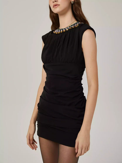 Rhinestone-Collar Gathered Sleeveless Black Mini Dress - Dresses