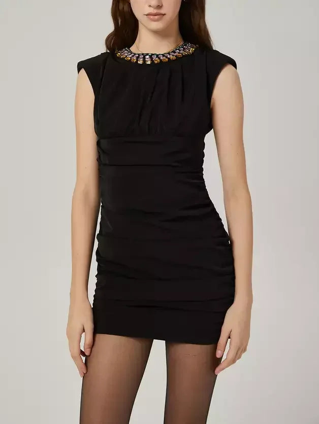 Rhinestone-Collar Gathered Sleeveless Black Mini Dress - Dresses