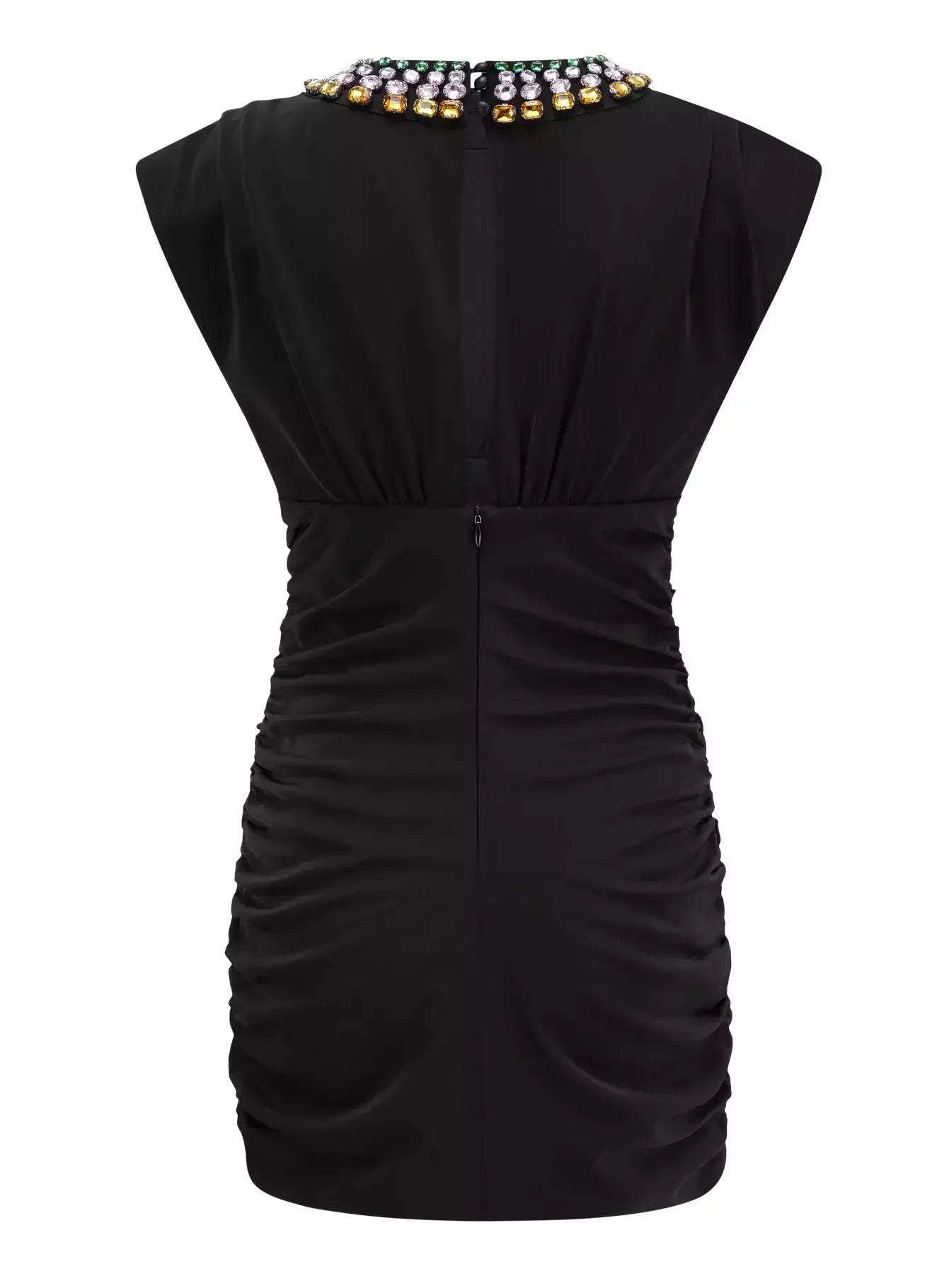 Rhinestone-Collar Gathered Sleeveless Black Mini Dress - Dresses