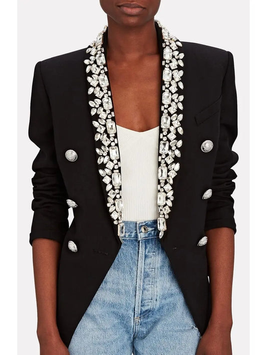 Rhinestone-Embellished Double-Breasted Wool Blazer - Branna Couture