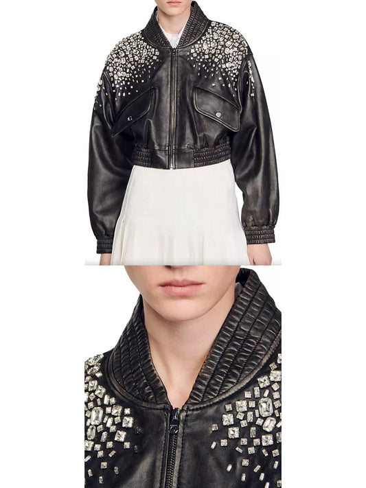 Rhinestone Embellished Fade-Effect Smocked Leather Bomber Jacket - Branna Couture