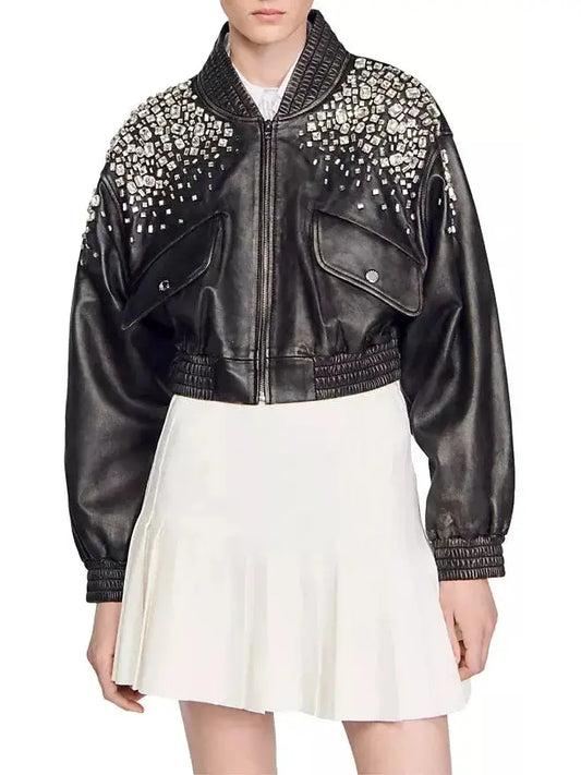 Rhinestone Embellished Fade-Effect Smocked Leather Bomber Jacket - Branna Couture