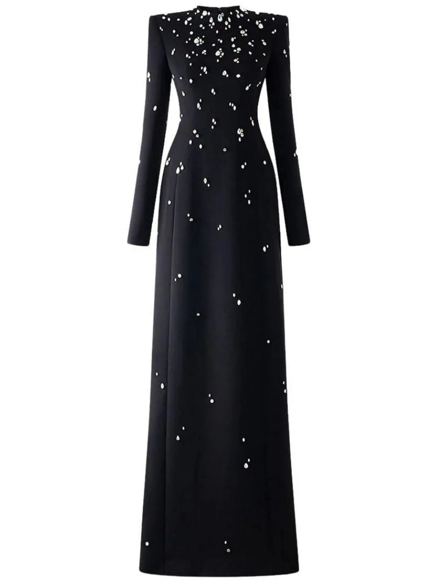 Rhinestone-Embellished Long-Sleeve Black Maxi Dress Branna Couture