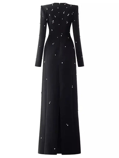 Rhinestone-Embellished Long-Sleeve Black Maxi Dress Branna Couture