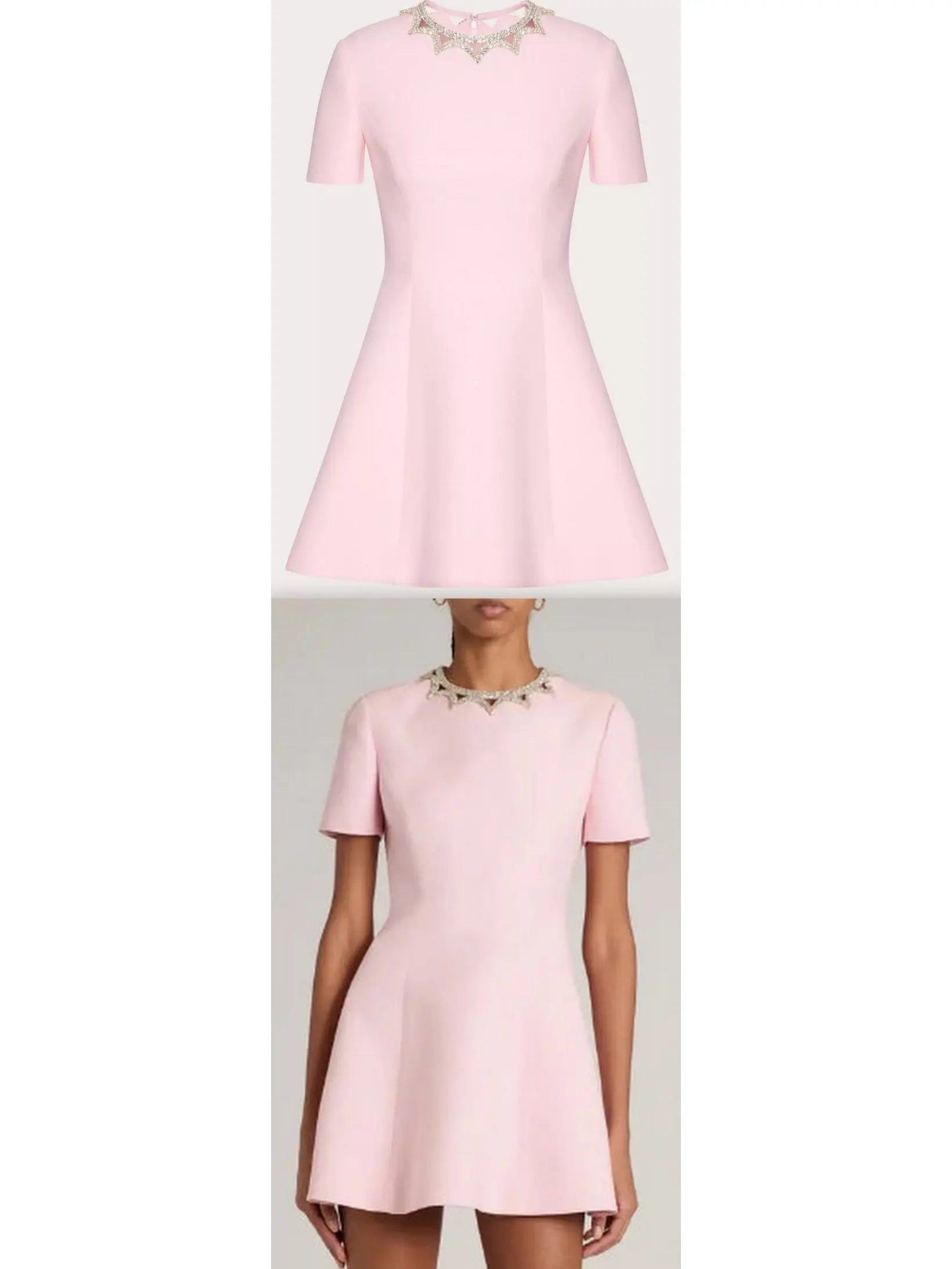 Rhinestone-Embellished Pink Wool and Silk Crepe Mini Cocktail Dress - Branna Couture