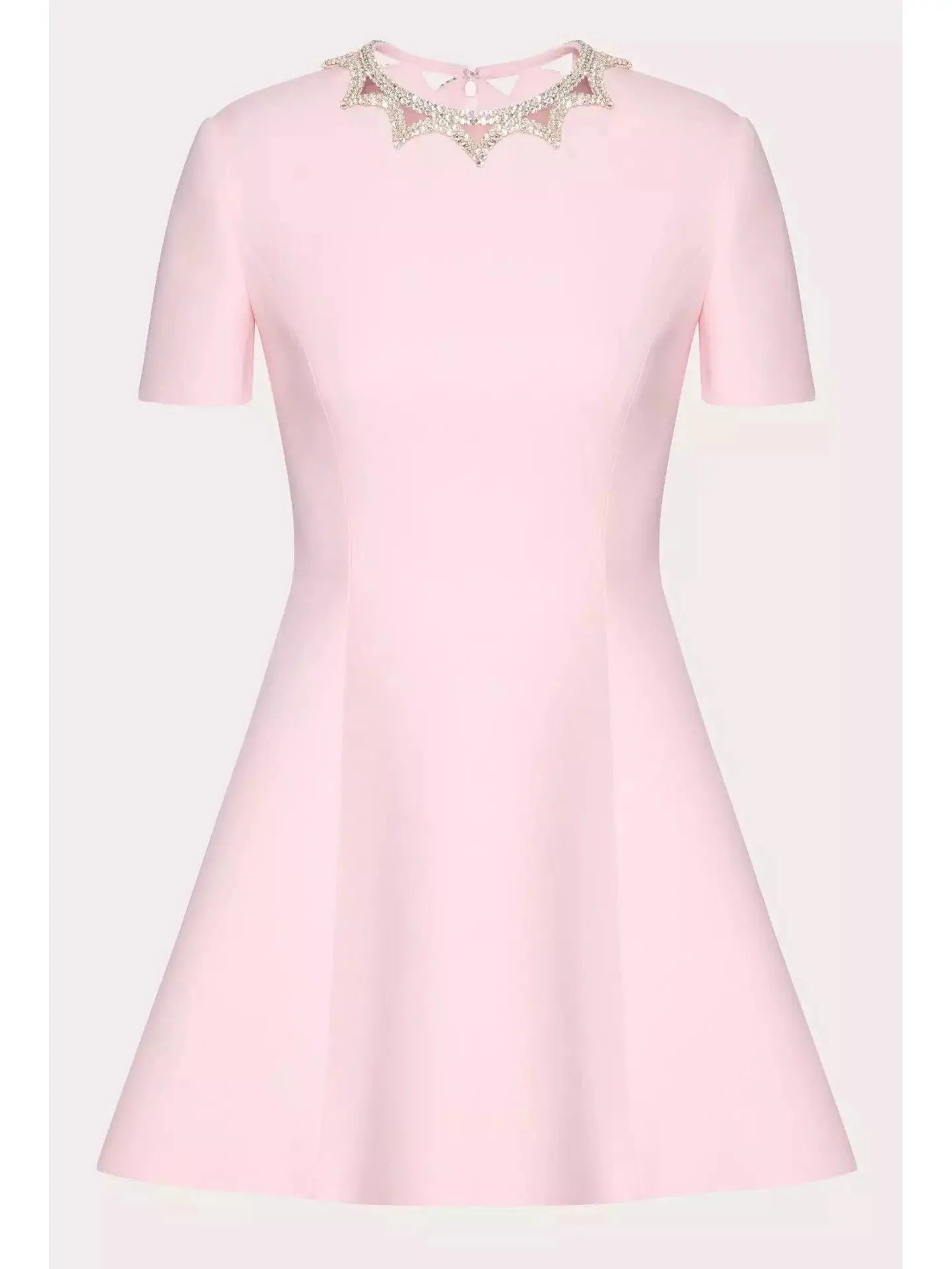 Rhinestone-Embellished Pink Wool and Silk Crepe Mini Cocktail Dress - Branna Couture