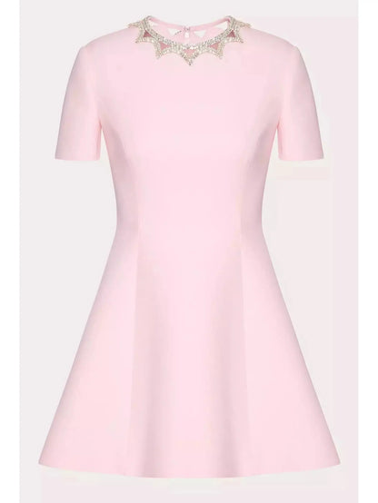 Rhinestone-Embellished Pink Wool and Silk Crepe Mini Cocktail Dress - Branna Couture