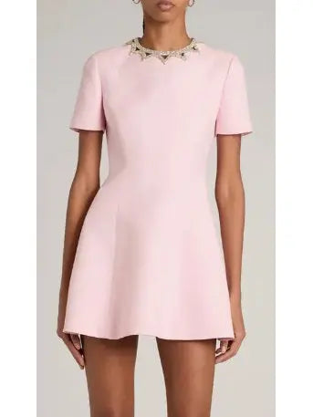 Rhinestone-Embellished Pink Wool and Silk Crepe Mini Cocktail Dress - Branna Couture