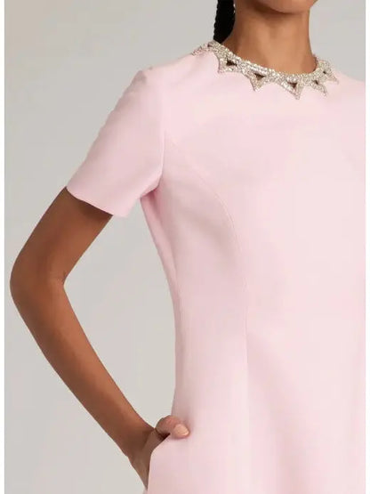 Rhinestone-Embellished Pink Wool and Silk Crepe Mini Cocktail Dress - Branna Couture