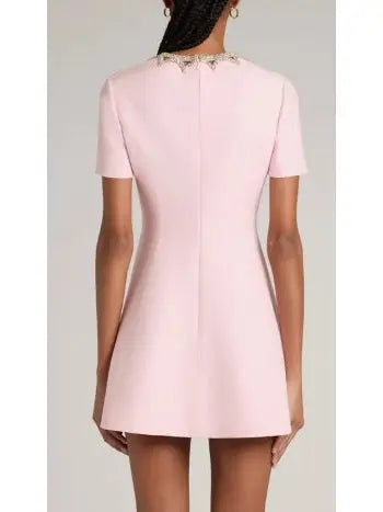 Rhinestone-Embellished Pink Wool and Silk Crepe Mini Cocktail Dress - Branna Couture