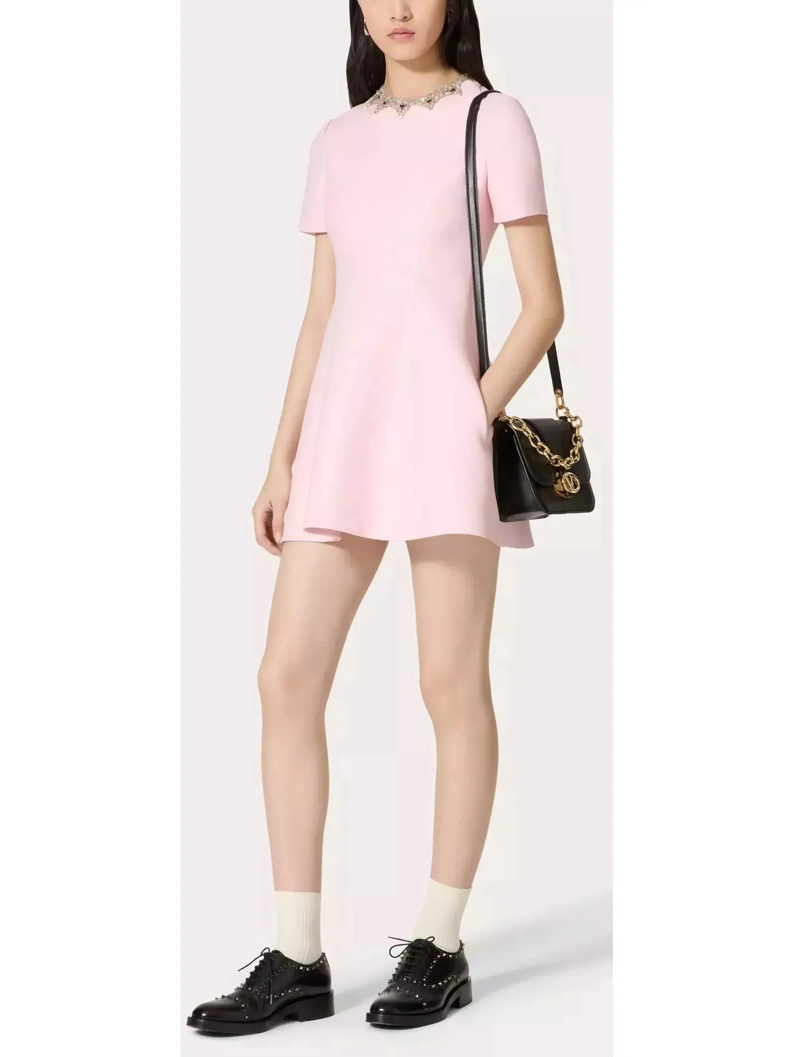 Rhinestone-Embellished Pink Wool and Silk Crepe Mini Cocktail Dress - Branna Couture