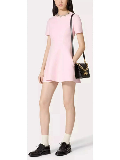 Rhinestone-Embellished Pink Wool and Silk Crepe Mini Cocktail Dress - Branna Couture