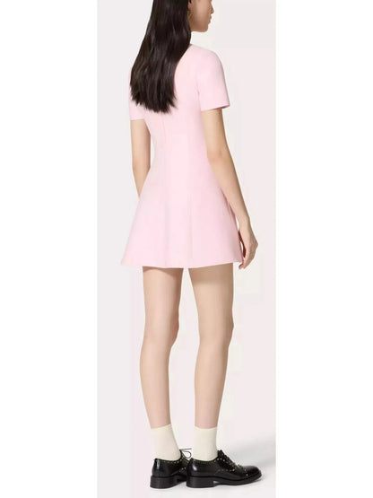 Rhinestone-Embellished Pink Wool and Silk Crepe Mini Cocktail Dress - Branna Couture