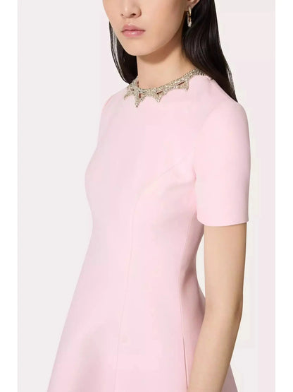 Rhinestone-Embellished Pink Wool and Silk Crepe Mini Cocktail Dress - Branna Couture