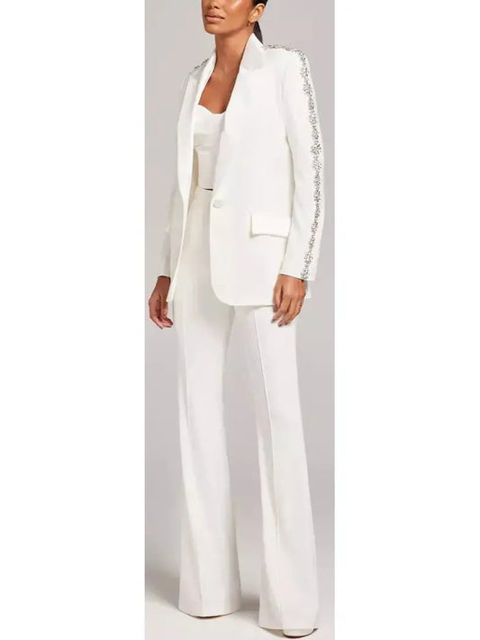 Rhinestone-Embellished Single-Breasted Blazer and Pant Suit, White - Branna Couture