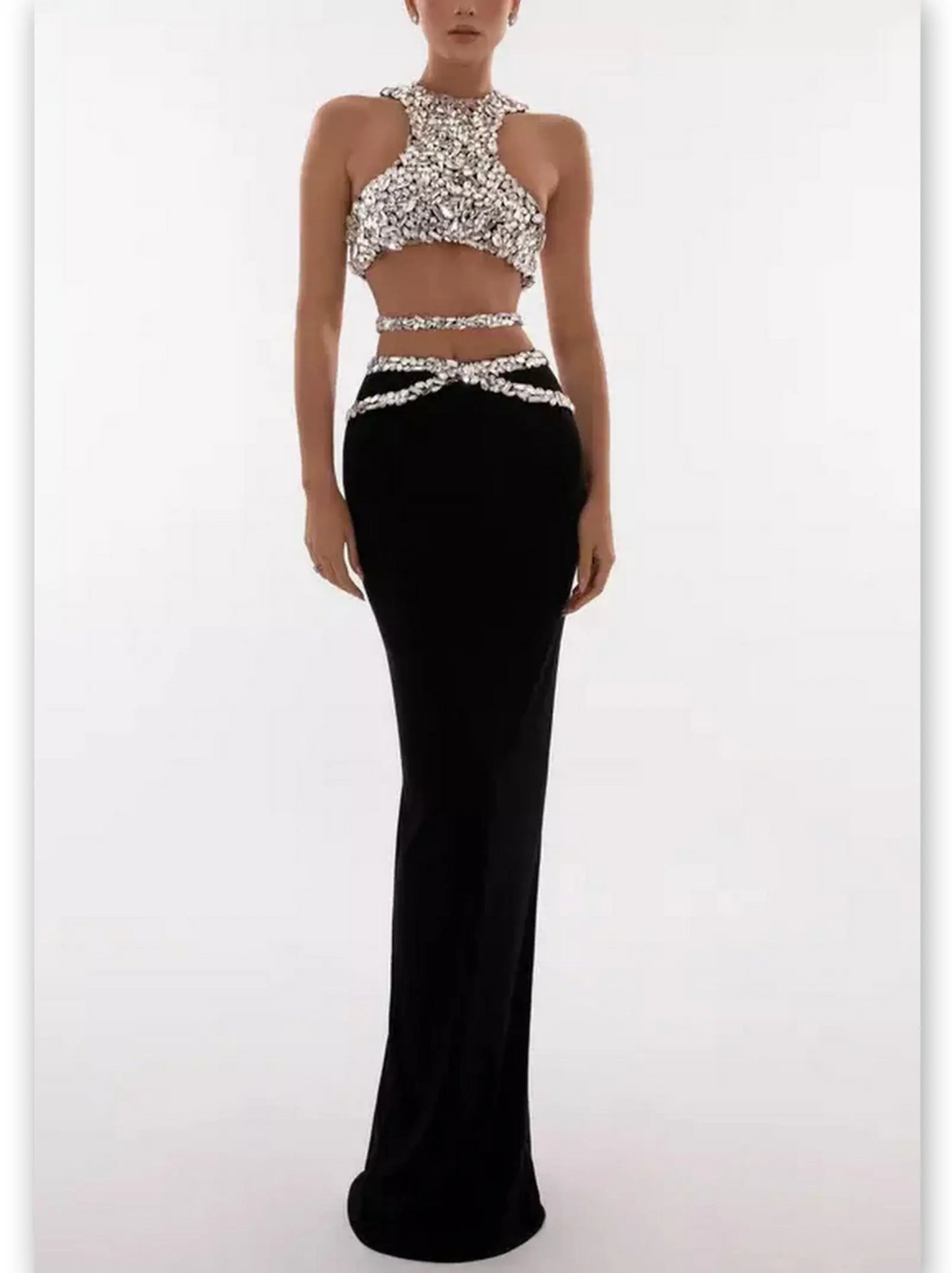 Rhinestone-Embellished Tank Crop Top and Skirt Set - Branna Couture