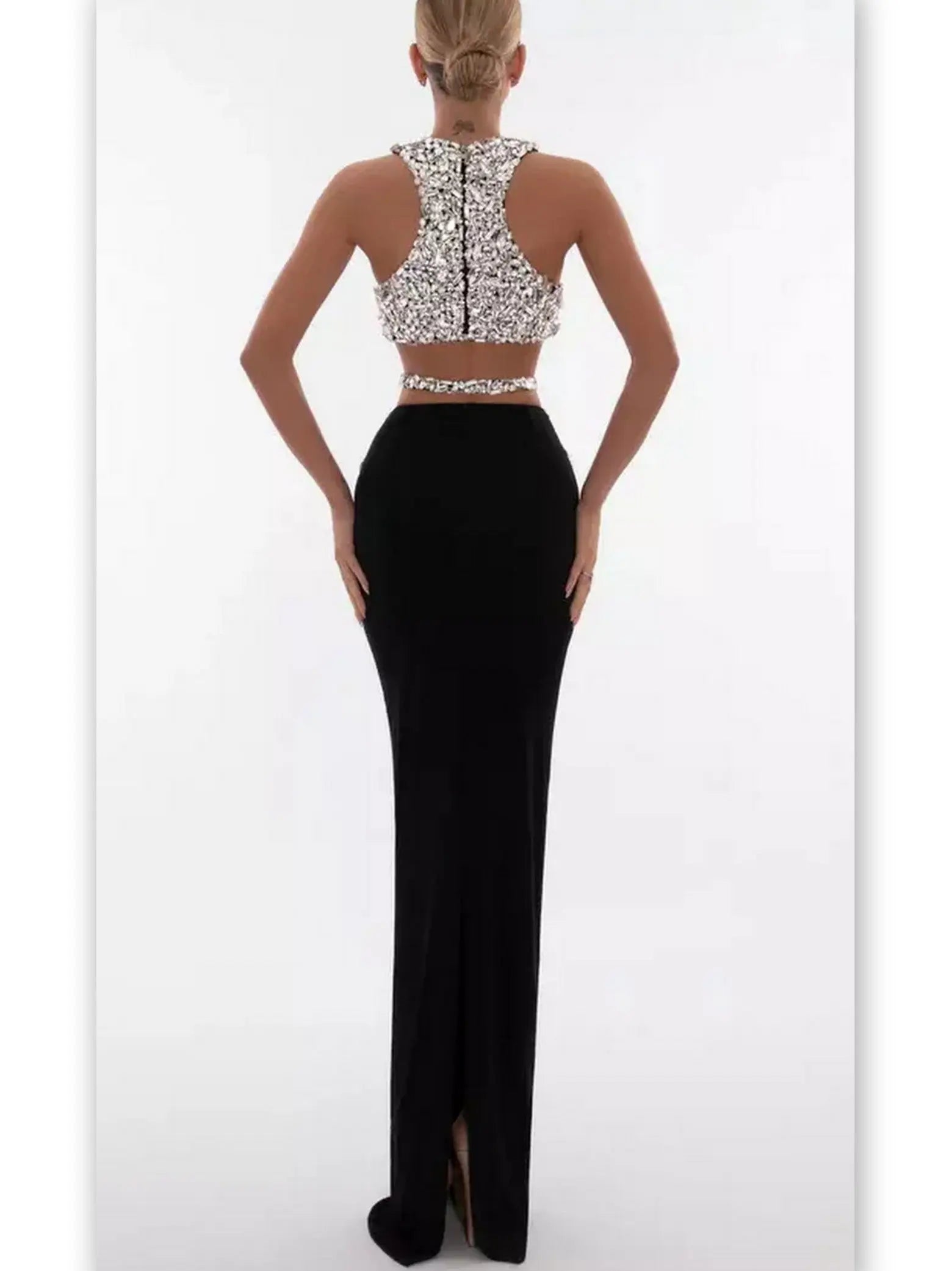 Rhinestone-Embellished Tank Crop Top and Skirt Set - Branna Couture