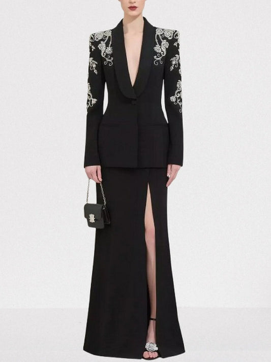 Rhinestone Embellished Black Cady Jacket and Skirt Set S Suits & Sets