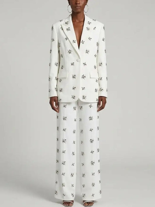 Rhinestone-Embellished Blazer and Wide-Leg Pants Suit in White - S - Suits & Sets