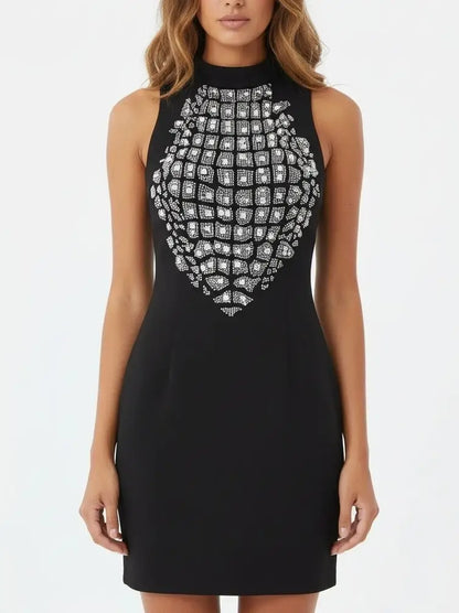 Rhinestone-Embellished Halter-Neck Mini Dress - Small - Dresses