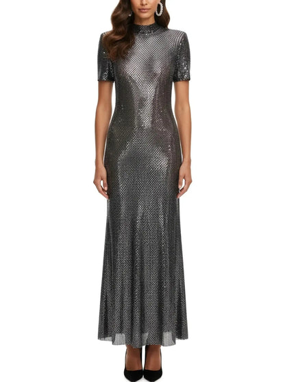 Rhinestone-Embellished Mesh Maxi Dress - XS - Dresses