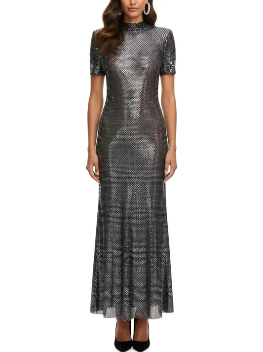 Rhinestone-Embellished Mesh Maxi Dress - XS - Dresses