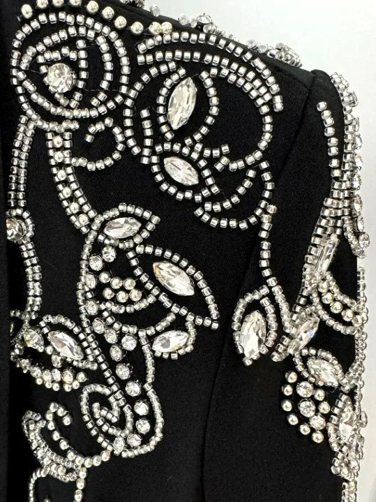 Rhinestone Embellished Black Cady Jacket and Skirt Set Suits & Sets