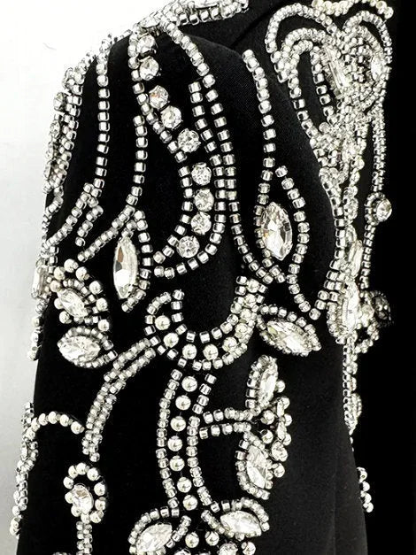 Rhinestone Embellished Black Cady Jacket and Skirt Set Suits & Sets