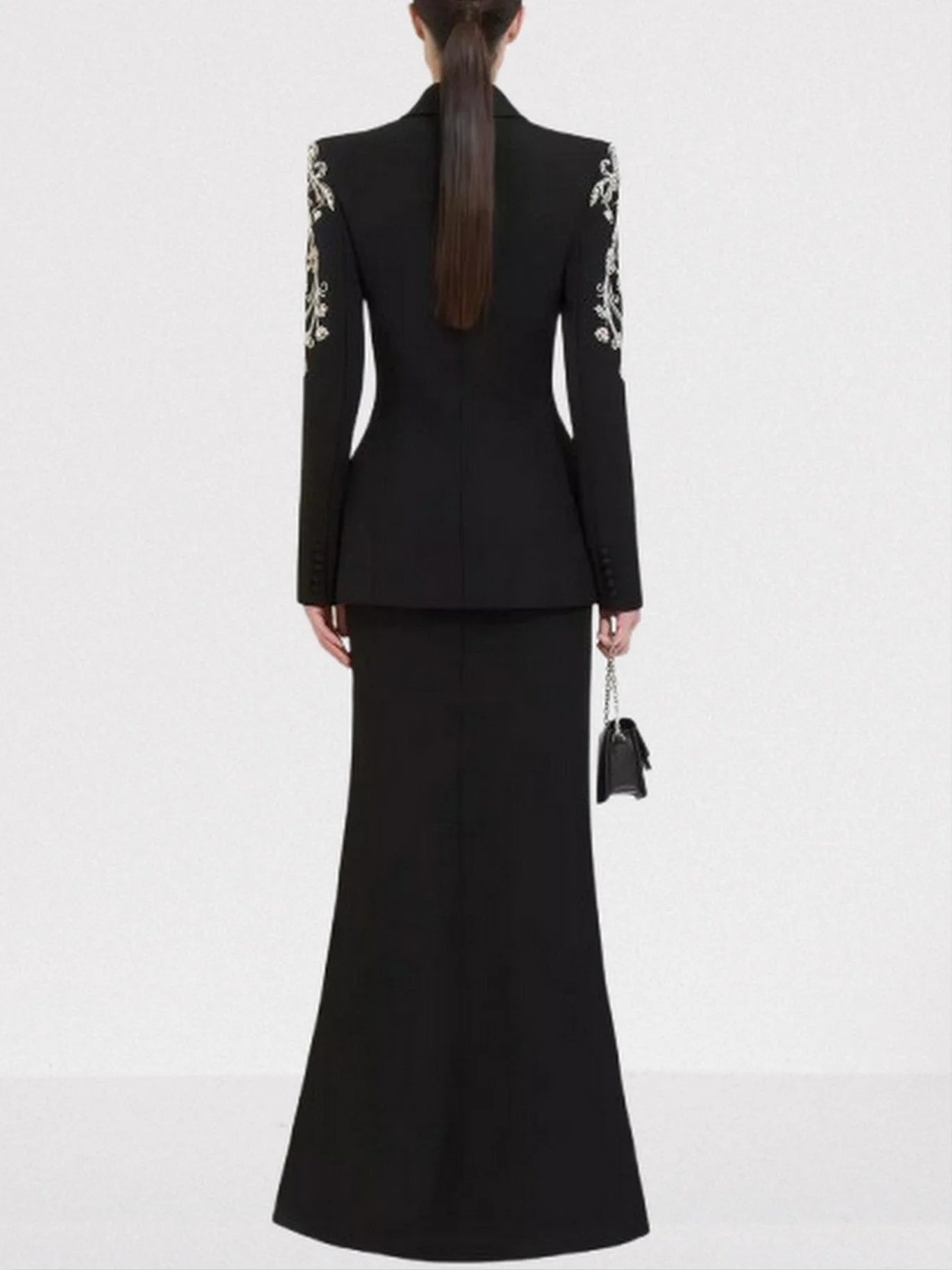 Rhinestone Embellished Black Cady Jacket and Skirt Set Suits & Sets