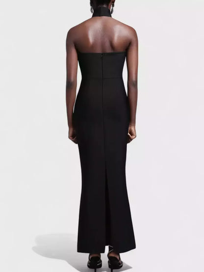 Rhinestone-Embellished Black Strapless Dress with Choker - Dresses