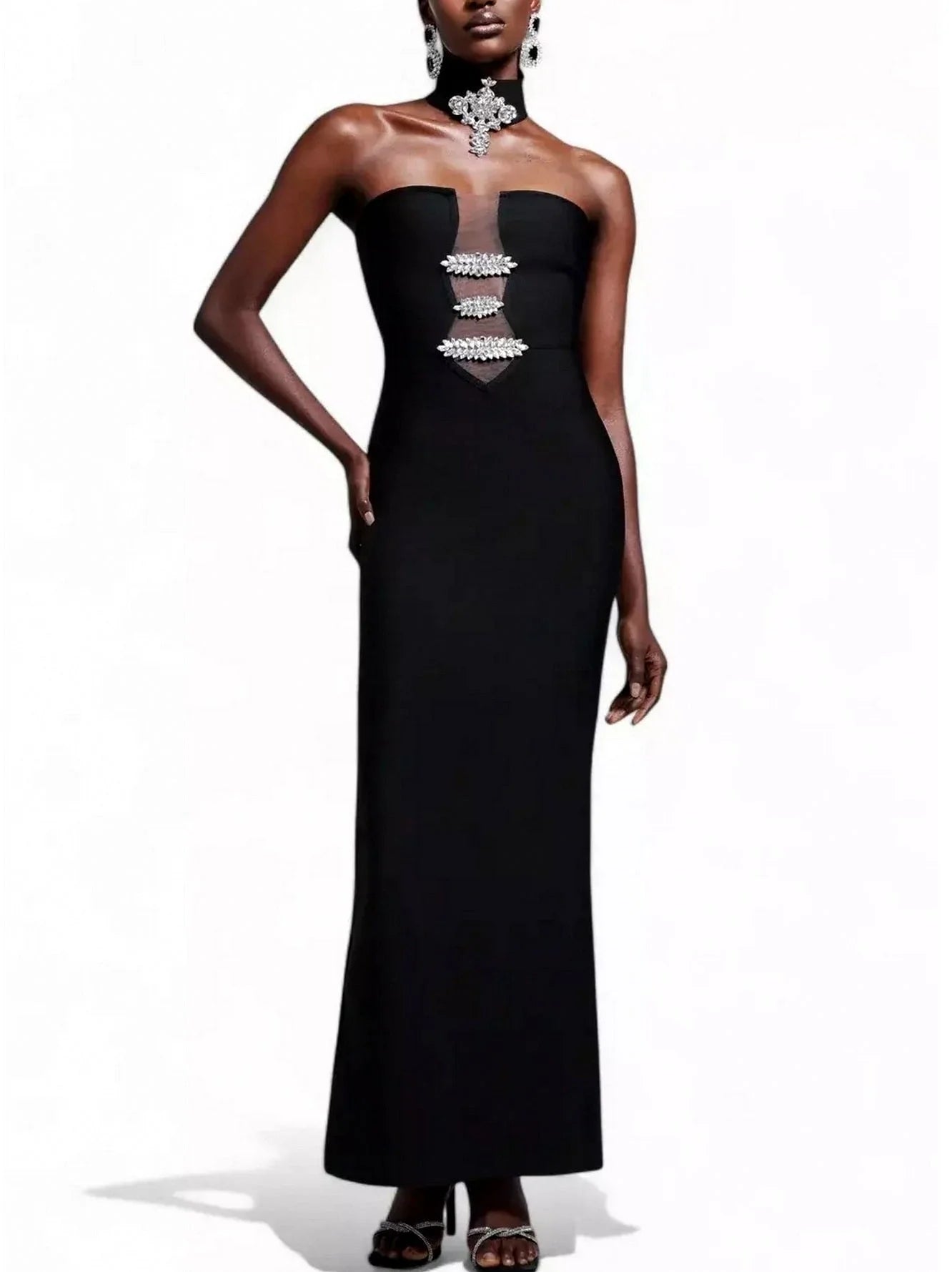 Rhinestone-Embellished Black Strapless Dress with Choker - Dresses