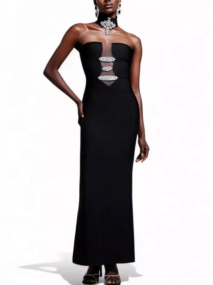 Rhinestone-Embellished Black Strapless Dress with Choker - Dresses