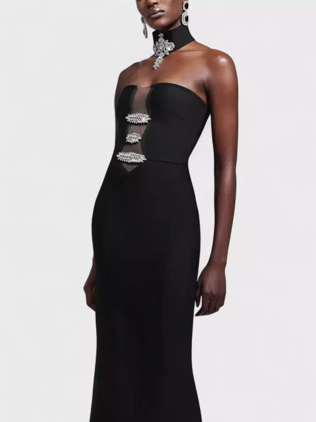 Rhinestone-Embellished Black Strapless Dress with Choker - Dresses
