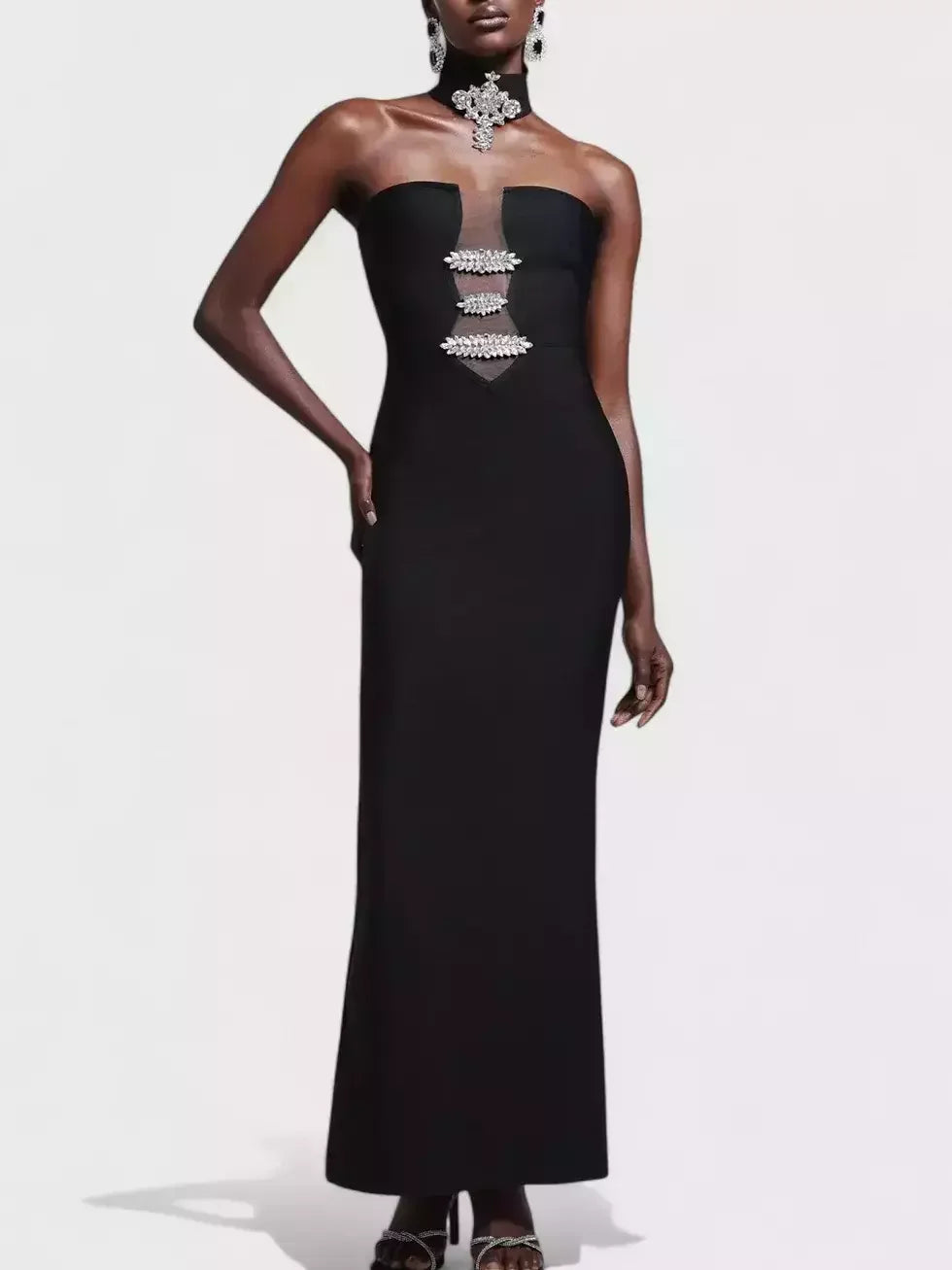 Rhinestone-Embellished Black Strapless Dress with Choker - Dresses