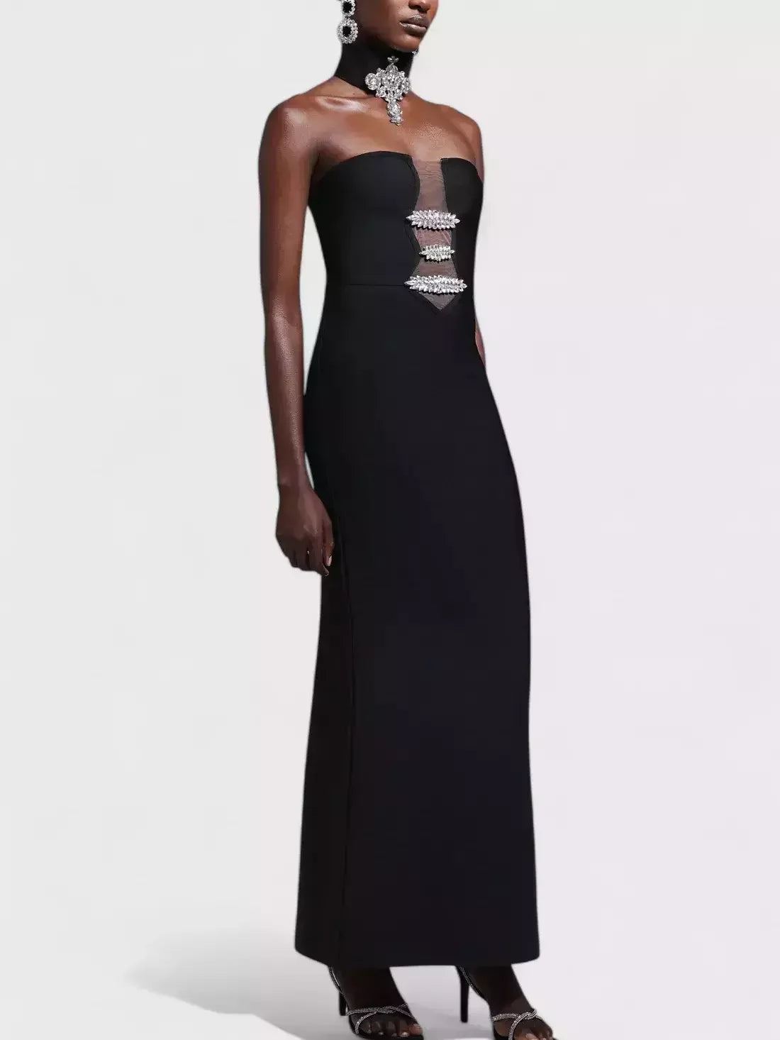Rhinestone-Embellished Black Strapless Dress with Choker - Dresses