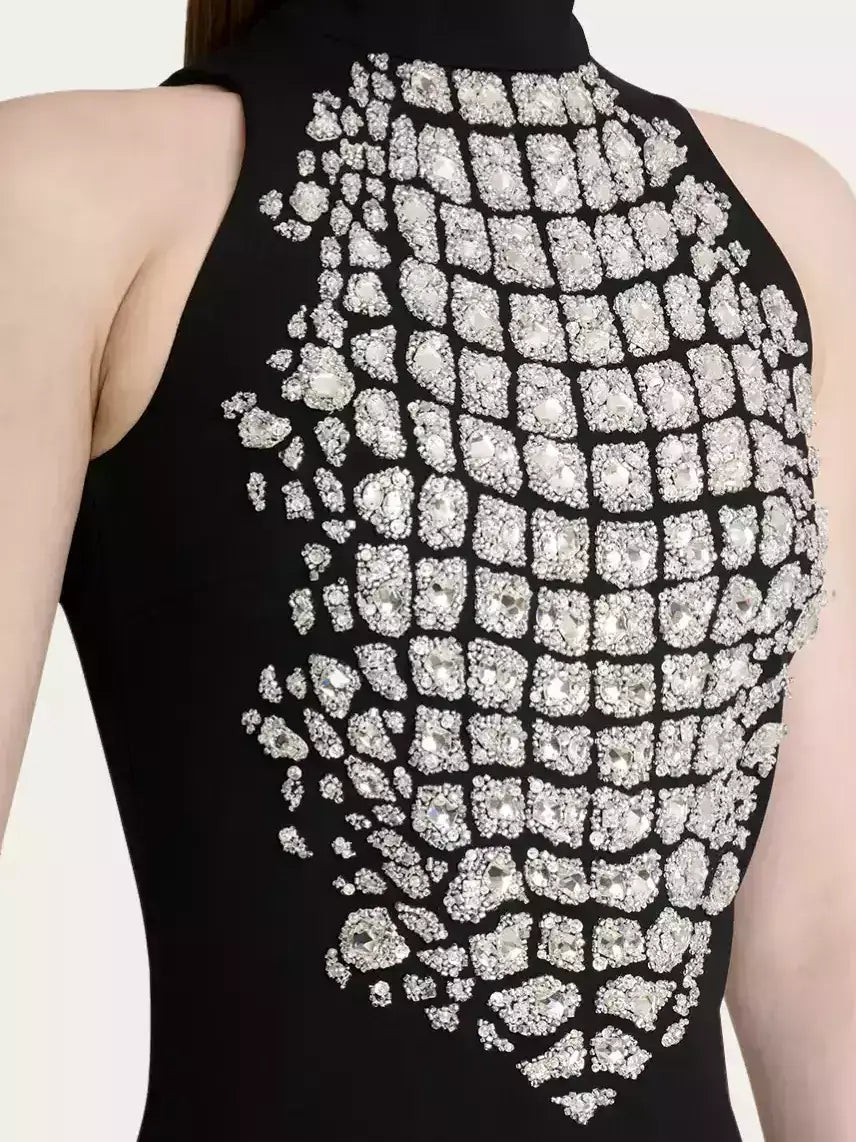 Rhinestone-Embellished Halter-Neck Mini Dress - Dresses