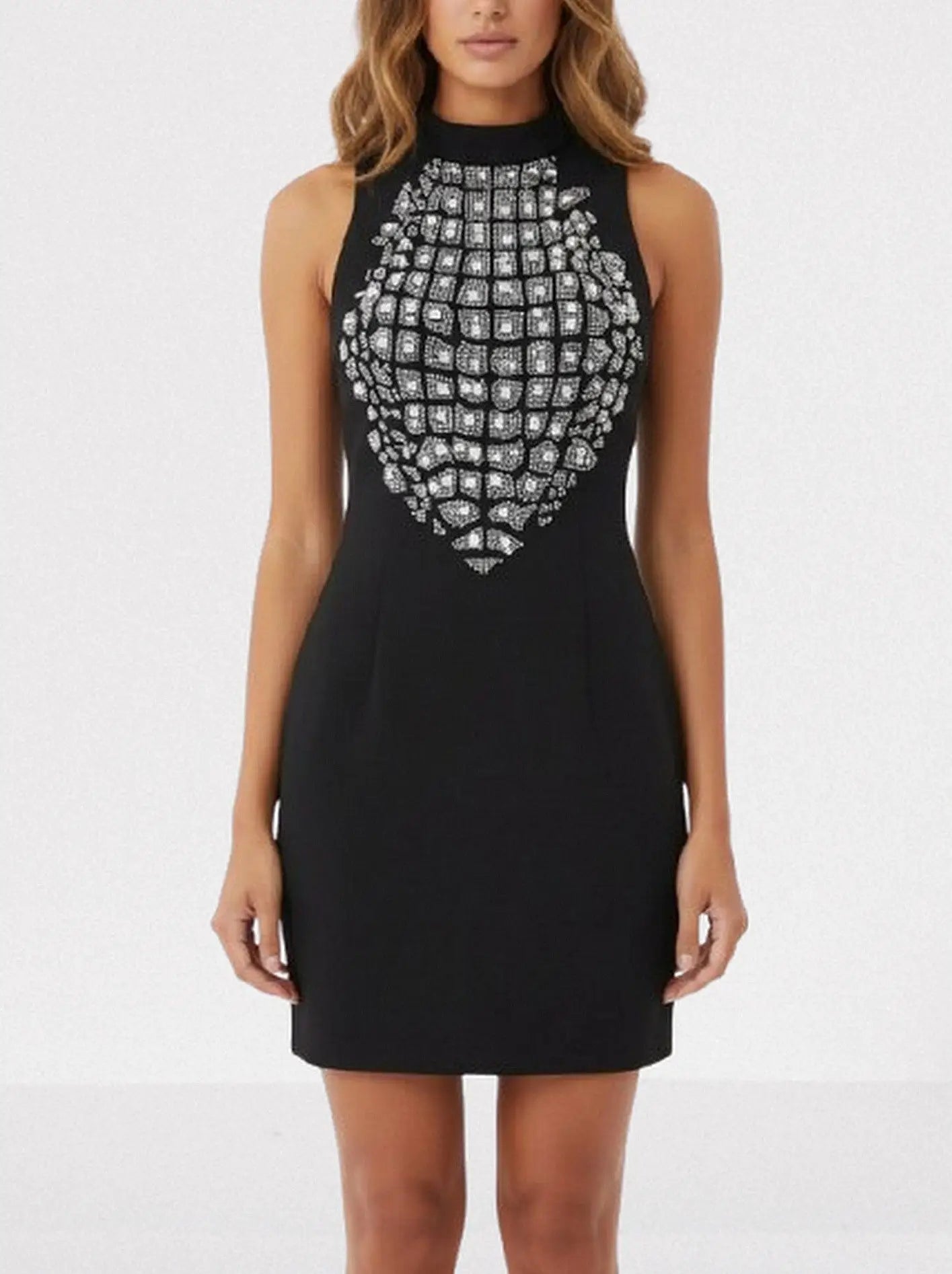 Rhinestone-Embellished Halter-Neck Mini Dress - Dresses