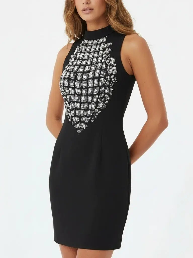 Rhinestone-Embellished Halter-Neck Mini Dress - Dresses