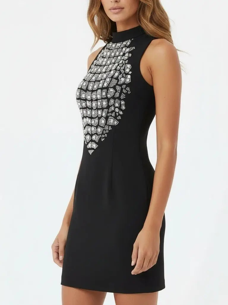 Rhinestone-Embellished Halter-Neck Mini Dress - Dresses