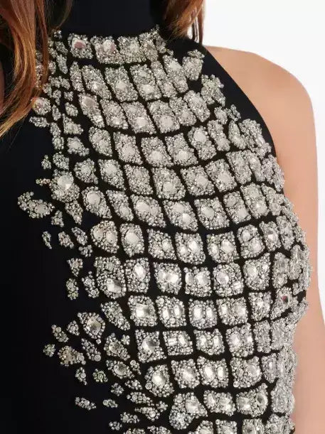 Rhinestone-Embellished Halter-Neck Mini Dress - Dresses