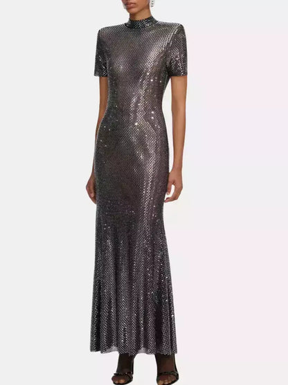 Rhinestone-Embellished Mesh Maxi Dress - Dresses