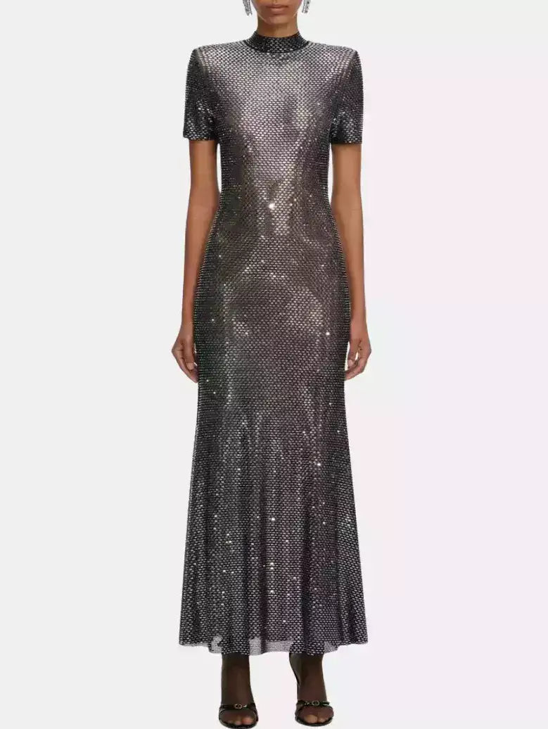 Rhinestone-Embellished Mesh Maxi Dress - Dresses