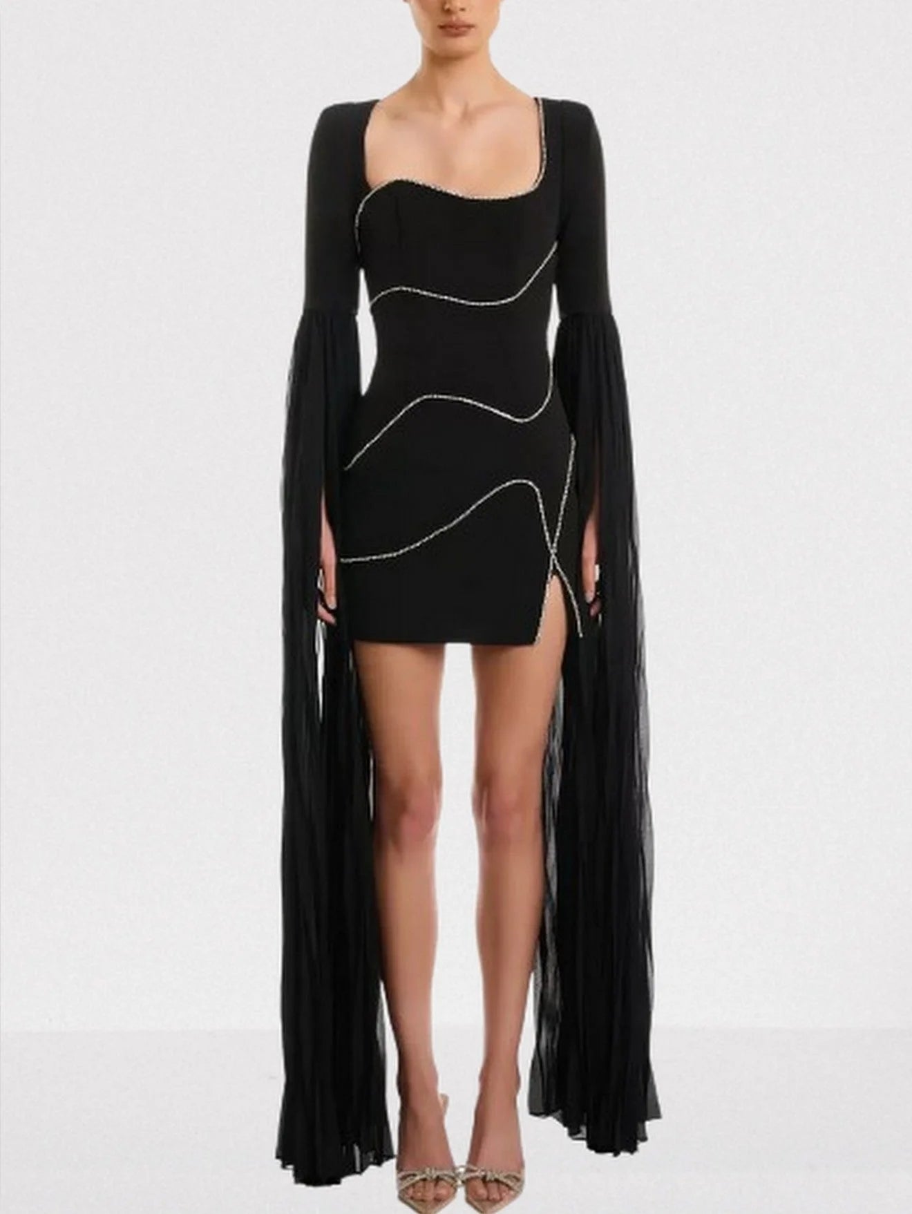 Rhinestone Black Mini Dress with Long Chiffon Sleeves - XS - Dresses