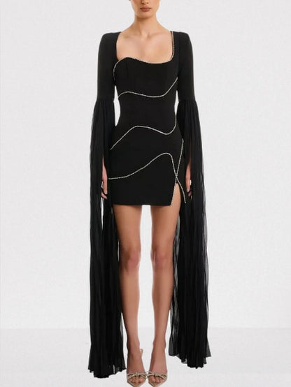 Rhinestone Black Mini Dress with Long Chiffon Sleeves - XS - Dresses