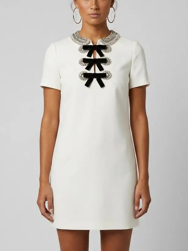 Rhinestone Collar White Mini Dress with Velvet Bows - S - Dresses