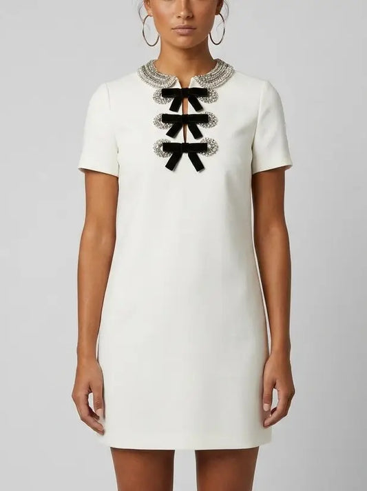 Rhinestone Collar White Mini Dress with Velvet Bows - S - Dresses