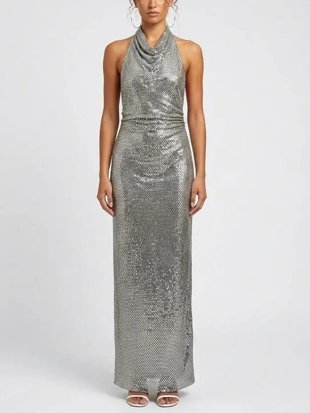 Rhinestone Draped Halter Neck Evening Gown - XS - Dresses